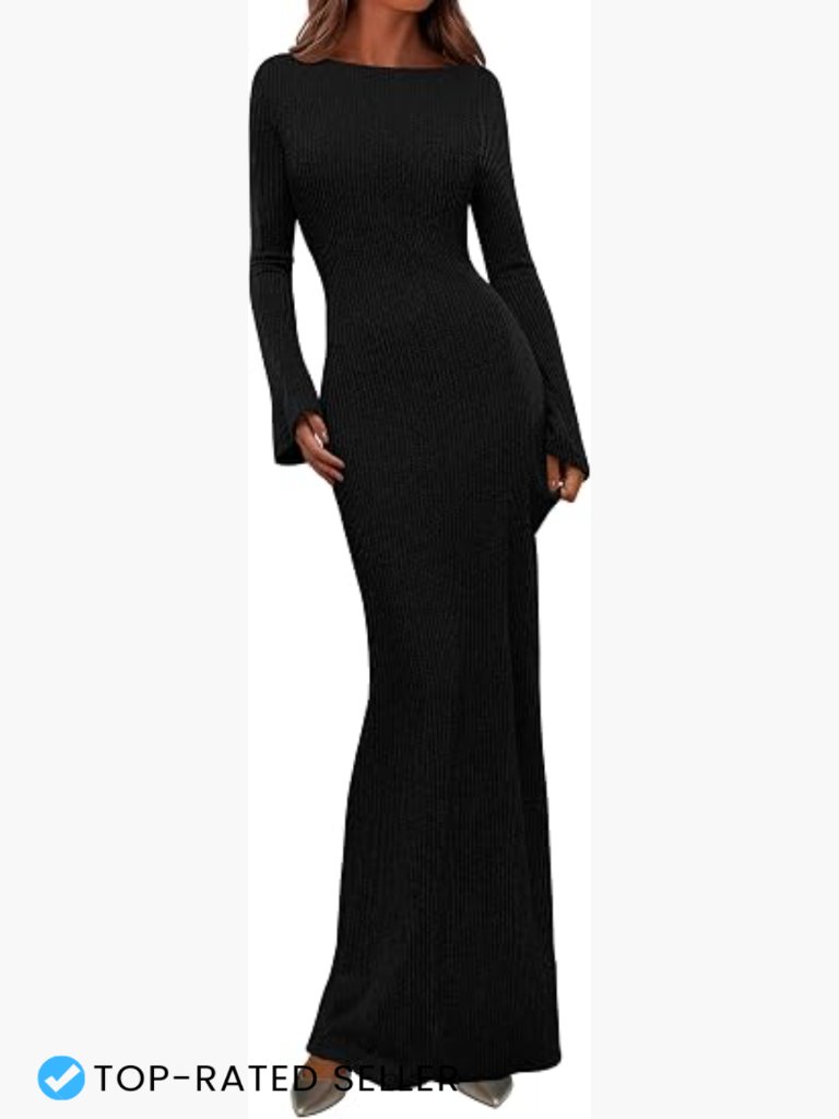 Long Sleeve Maxi Dress Ribbed Knit Boat Neck Bodycon Casual Going Out Outfits